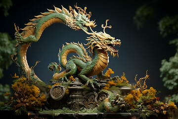Fototapeta na wymiar Happy Chinese New Year 2024.Green wooden dragon