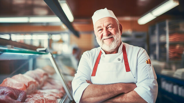 Portrait Of Senior Male Butcher Wearing Hair Net Behind Counter Of Meat Market Of Grocery Store.
