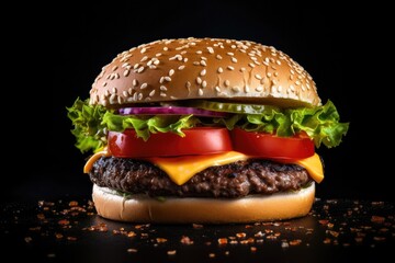 Delicious cheeseburger with lettuce, tomato and sesame seed bun on black background