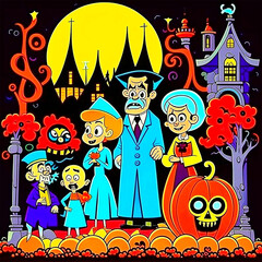 Happy Halloween holiday concept. Halloween background with moon, people, bats and house at night. Halloween jack-o-lantern. - 663952704