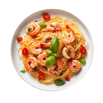 Angel Hair Pasta With Shrimp On A White Background