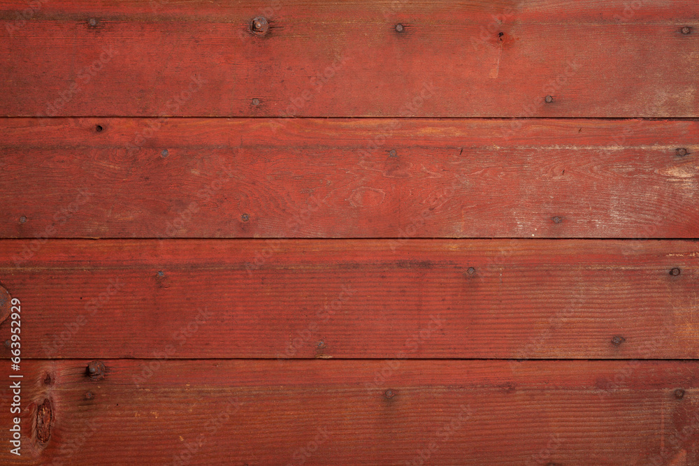 Poster red barn wood boards texture background with nails and bolts