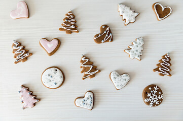 beautiful christmas cookies in different shapes. traditional food. Christmas cookies on table background top view