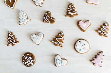 beautiful christmas cookies in different shapes. traditional food. Christmas cookies on table background top view