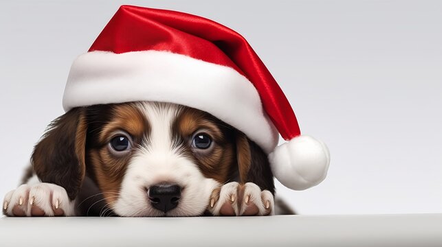 Puppy Wearing Santa Hat Looking Table Digital Banner Cruelty Crouching Thin Nose Reduce Duplicate Content Violet Eyes Splash Closeup Streaming Submission