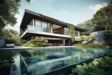 Fototapeta na wymiar Contemporary mansion with pool surrounded by lush gardens – architectural design concept. Generative AI