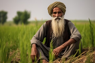 Portrait of a rural elderly Muslim man sitting on the grass - obrazy, fototapety, plakaty