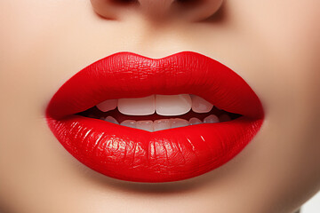 Obraz premium close up shot of a woman's lips wearing red bright lipstick