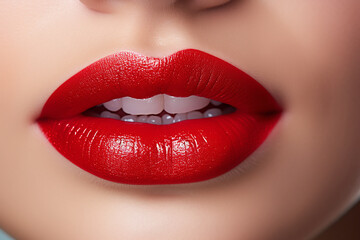 Obraz premium close up shot of a woman's lips wearing red bright lipstick