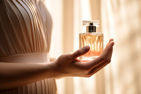 a woman wearing elegant dress holding a bottle of perfume