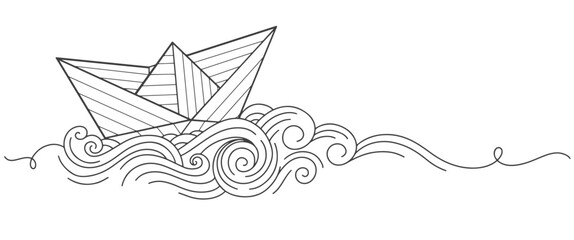 Paper boat line art style vector illustration