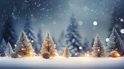 Foto op Plexiglas Christmas winter blurred background. Widescreen backdrop. New year Winter art design, wide screen holiday border, Xmas tree with snow decorated with garland lights, holiday festive background.  © Huong