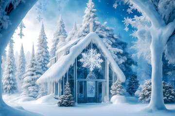 A fairy-tale house in a winter forest by moonlight. Christmas Night Landscape