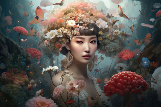  Beautiful Chinese young woman with flowers, AI generated