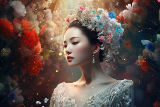 Beautiful Chinese young woman with flowers, AI generated