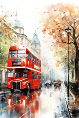 London street with red bus in rainy day sketch illustration