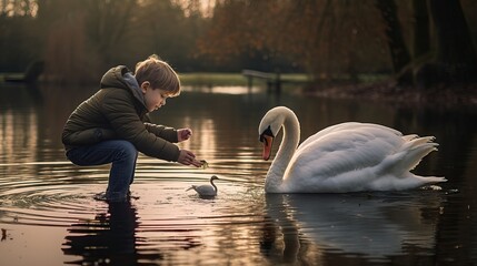 A little Male Child Feeding a Tiny Swan in a Lake. Autumnal Season is coming, Animal Lover. Little Children Taking Care of his Bird.