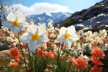 Obraz premium Spring flowers in the field. Spring flowers close-up view. Crocus, Primrose, Petunia, Daffodils in bloom.