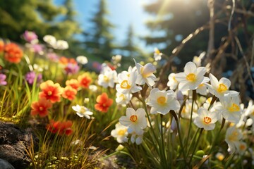 Spring flowers in the field. Spring flowers close-up view. Crocus, Primrose, Petunia, Daffodils in bloom.