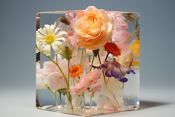 Photo of a block of ice filled with vibrant flowers - Created with generative AI technology