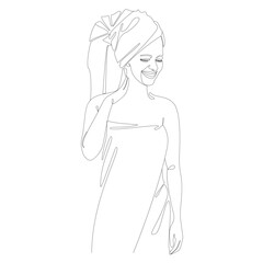 Collection. Girl silhouettes in modern continuous line style. A lady after a shower with a towel on her head. Outline for decor, posters, wall art, stickers, logo. Vector illustration set.
