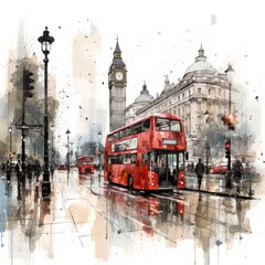 London street with red bus in rainy day sketch illustration