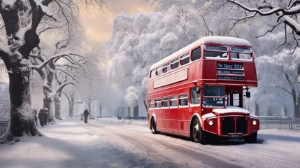 Tuinposter London street with red bus in rainy day sketch illustration © olegganko