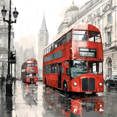 Rolgordijnen London street with red bus in rainy day sketch illustration © olegganko