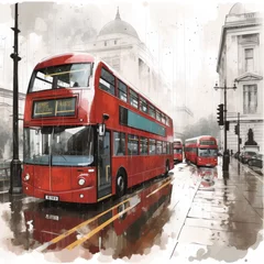 Cercles muraux Bus rouge de Londres London street with red bus in rainy day sketch illustration
