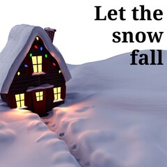 Naklejka premium Composite of let the snow fall text over house with fairy lights winter landscape background