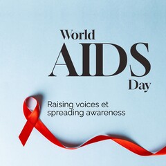 Composite of world aids day and red ribbon on blue background