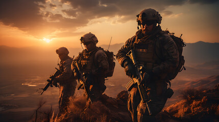 Squad of Three Fully Equipped and Armed Soldiers Standing on Hill in Desert Environment in Sunset Light - obrazy, fototapety, plakaty