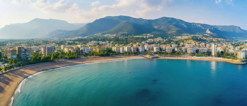 Aerial drone view, Beautiful panorama of the famous Cleopatra beach of the Mediterranean resort town of Alanya.