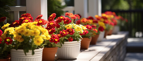 Beautiful bright red and yellow flowers in white pots on porch steps of cottage on background of lawn and yard. Soft selective focusing.