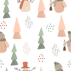 Winter seamless pattern of snowman, abstract elements and simple Christmas trees, hand drawn vector illustration