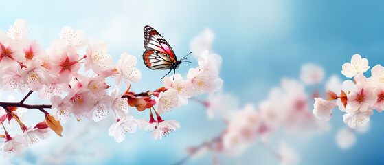 Beautiful butterfly and cherry blossom branch in spring on blue sky background with copy space, soft focus. Amazing elegant artistic image of spring nature, frame of pink Sakura flowers and butterfly. - obrazy, fototapety, plakaty