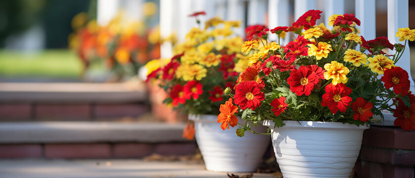 Beautiful bright red and yellow flowers in white pots on porch steps of cottage on background of lawn and yard. Soft selective focusing.