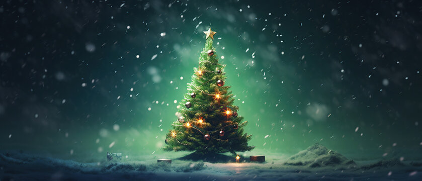 Beautiful green elegantly decorated Christmas tree on an evening dark red background with flying snow fluffs and inscription Merry Christmas. Bright colorful artistic image.