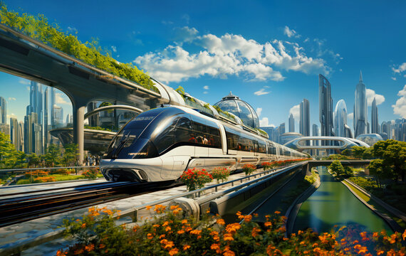 An awe-inspiring image of a superfasr magnetic levitation city train, illustrating the future of efficient, high-speed rail travel	