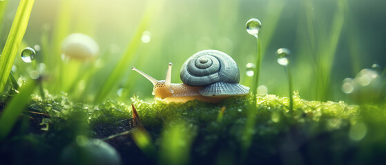 Beautiful lovely snail in grass with morning dew, macro, soft focus. Grass and clover leaves in droplets of water in spring summer nature. Amazingly cute artistic image of pure nature. - obrazy, fototapety, plakaty