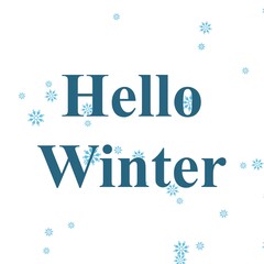 Composite of hello winter text over snow falling on white background