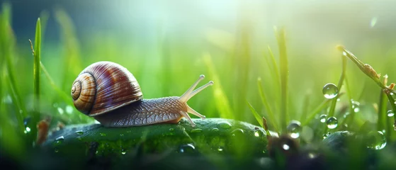 Fotobehang Beautiful lovely snail in grass with morning dew, macro, soft focus. Grass and clover leaves in droplets of water in spring summer nature. Amazingly cute artistic image of pure nature. © Santy Hong