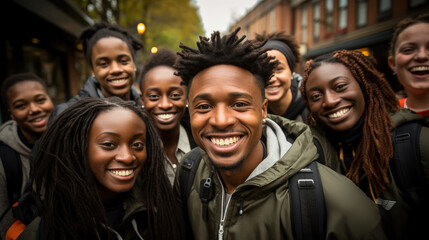 Obraz premium Sunny multicultural selfie - diverse friends, happy faces.