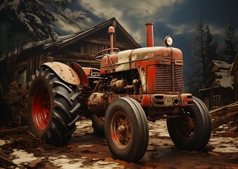 old tractor parked dirt justify content center diesel punk argo american midwest rugged dirty soviet protection rustic - obrazy, fototapety, plakaty