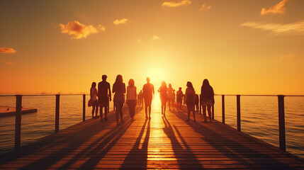 Beautiful symbolic image on theme of summer holidays - silhouettes of people on pier against background of setting sun, which paints everything around in yellow-orange tones.