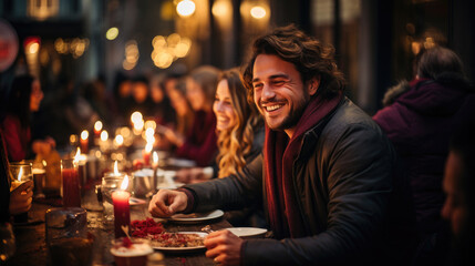 Close friends enjoying a candlelit meal outdoors, sharing genuine moments of laughter and joy in the city. - obrazy, fototapety, plakaty