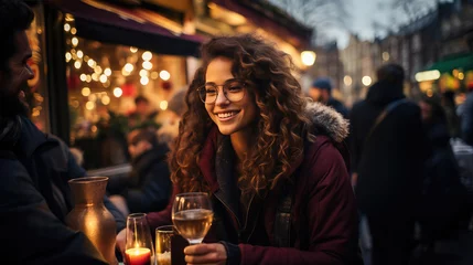 Foto op Canvas Cheerful young woman with curly hair and glasses enjoying a relaxed evening at an outdoor city cafe on a date night. © apratim