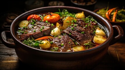 Fototapeta premium A Delicious Beef Broth with Bone-in Beef, Charred Vegetables, Garlic, and Spices