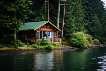 Fototapeta premium Amazing Wooden House near the Lake in the middle of the Forest. Lot of Vegetation, Green, Nature.
