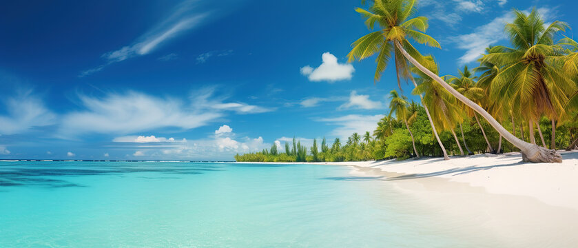 Bright tropical landscape with beautiful palm trees, turquoise ocean and blue sky with clouds. White sand beach on island in Maldives.